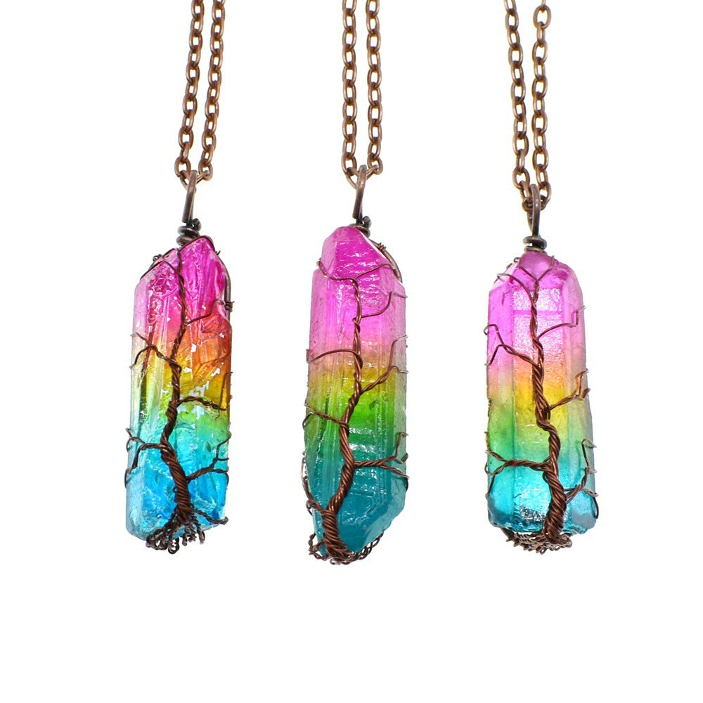 Hot Selling Stone Crystal Pillar Tree Of Life Pendant Fashion Necklace
