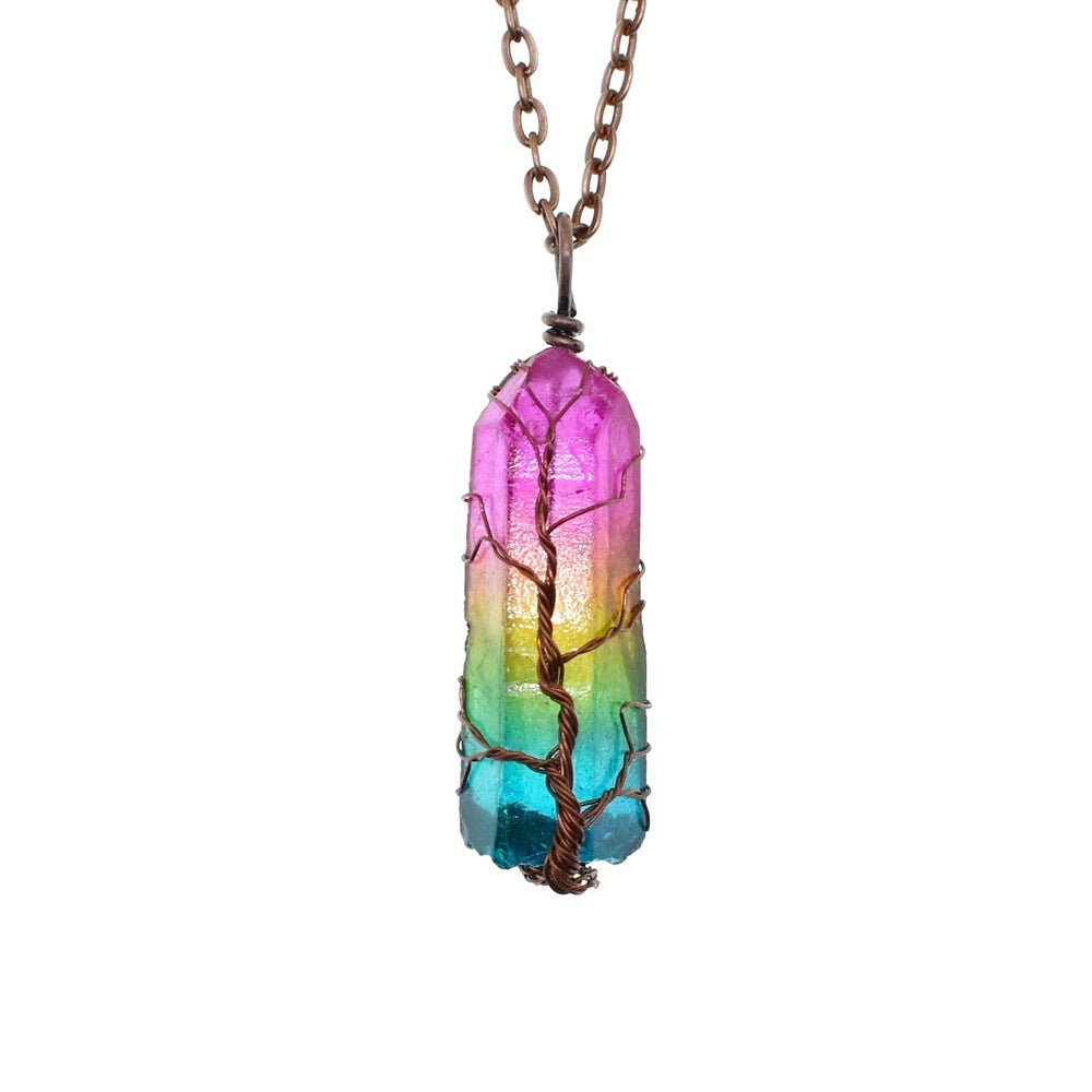 Hot Selling Stone Crystal Pillar Tree Of Life Pendant Fashion Necklace