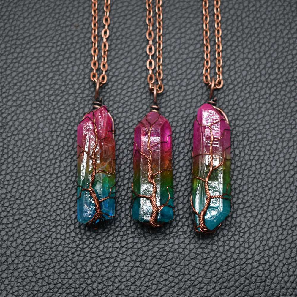 Hot Selling Stone Crystal Pillar Tree Of Life Pendant Fashion Necklace