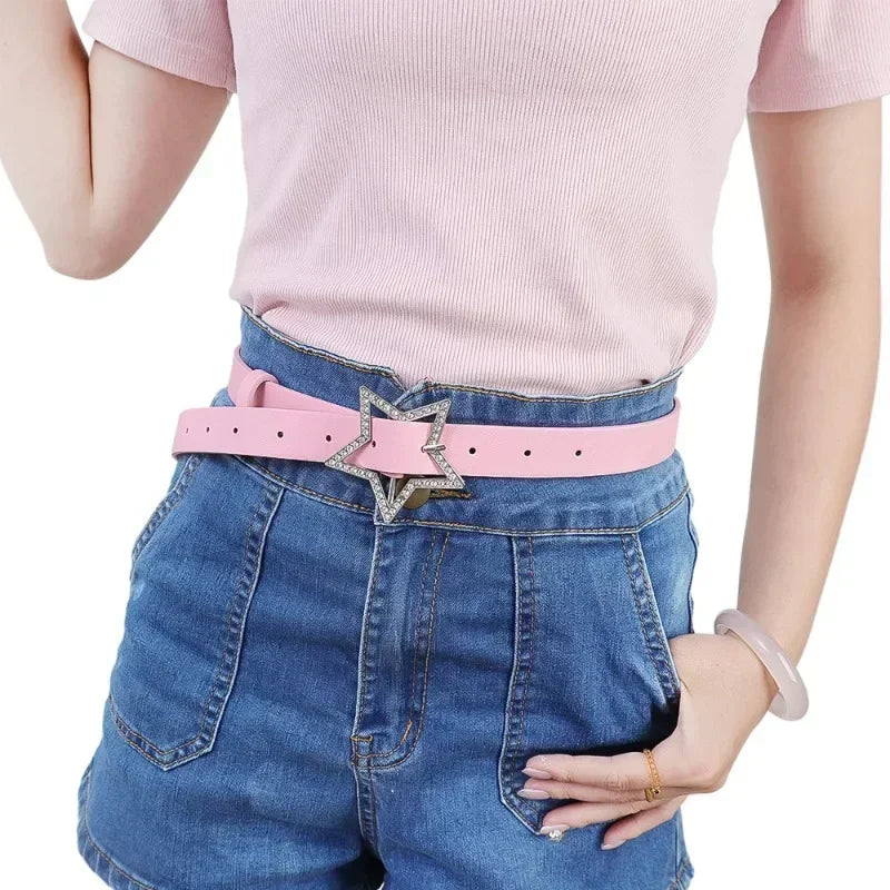 Y2K Star Buckle Belt Pink Leather Elastic Sparkling Waistband