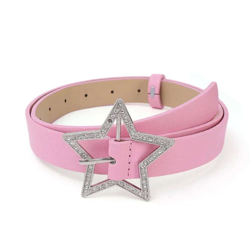 Y2K Star Buckle Belt Pink Leather Elastic Sparkling Waistband