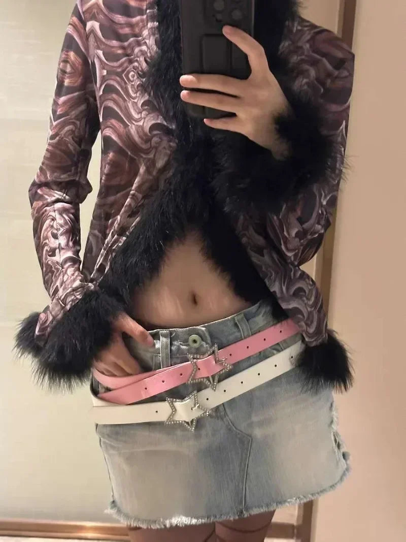 Y2K Star Buckle Belt Pink Leather Elastic Sparkling Waistband