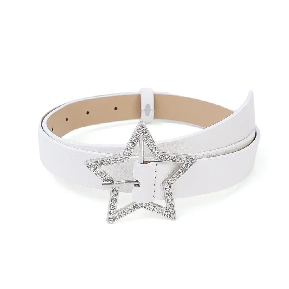 Y2K Star Buckle Belt Pink Leather Elastic Sparkling Waistband