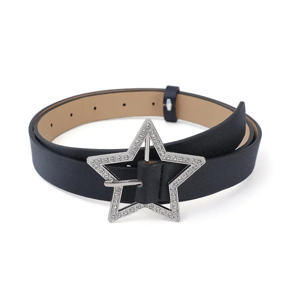Y2K Star Buckle Belt Pink Leather Elastic Sparkling Waistband