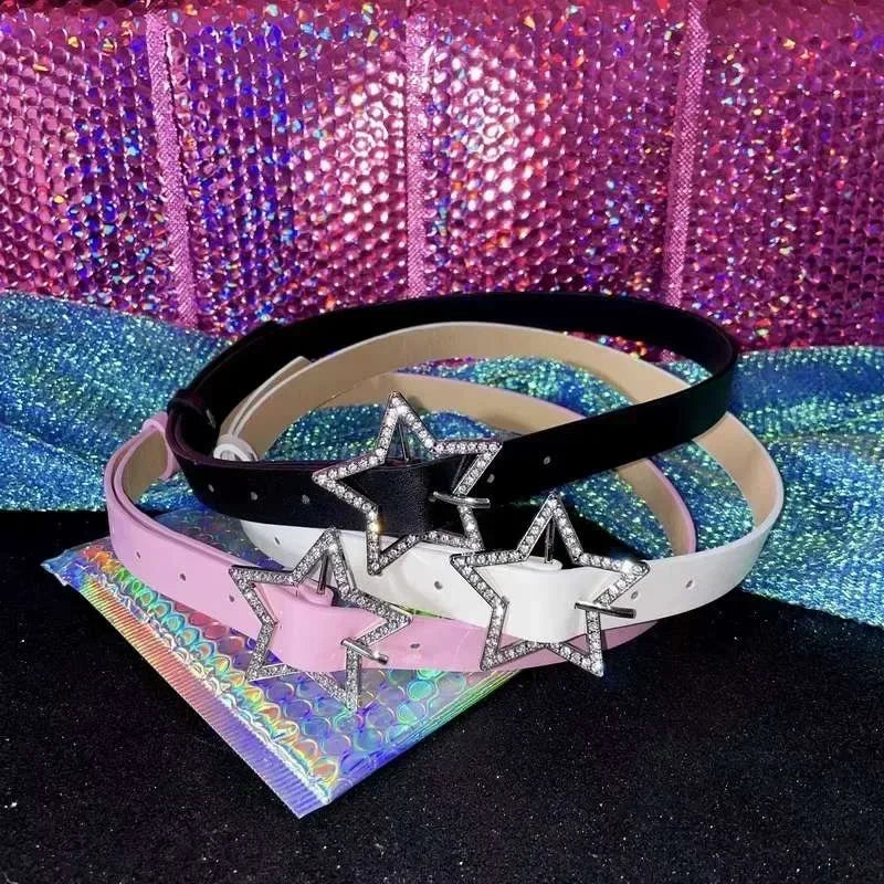 Y2K Star Buckle Belt Pink Leather Elastic Sparkling Waistband