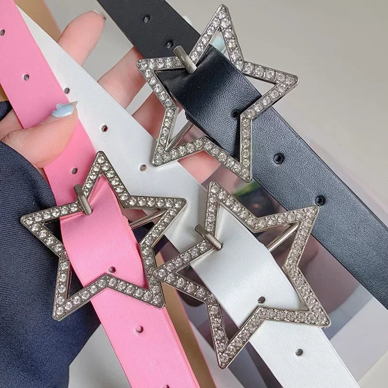 Y2K Star Buckle Belt Pink Leather Elastic Sparkling Waistband