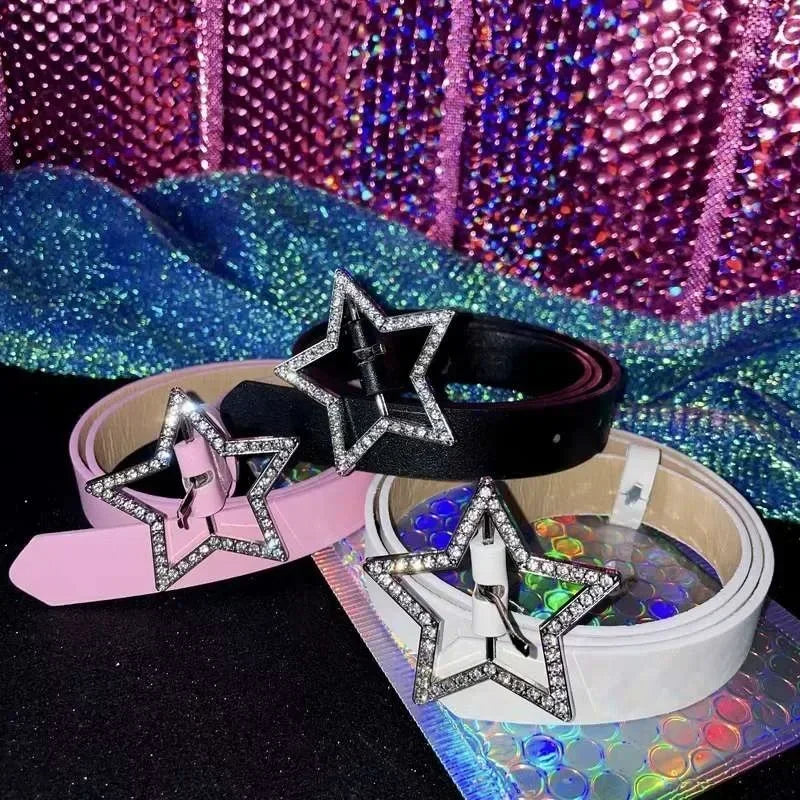 Y2K Star Buckle Belt Pink Leather Elastic Sparkling Waistband