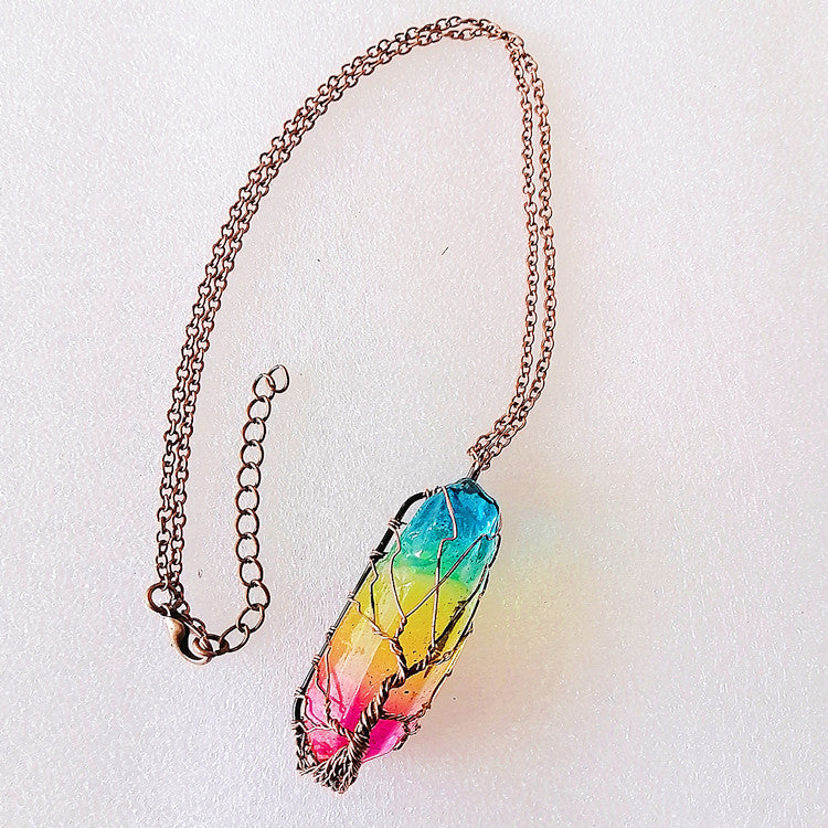 Hot Selling Stone Crystal Pillar Tree Of Life Pendant Fashion Necklace